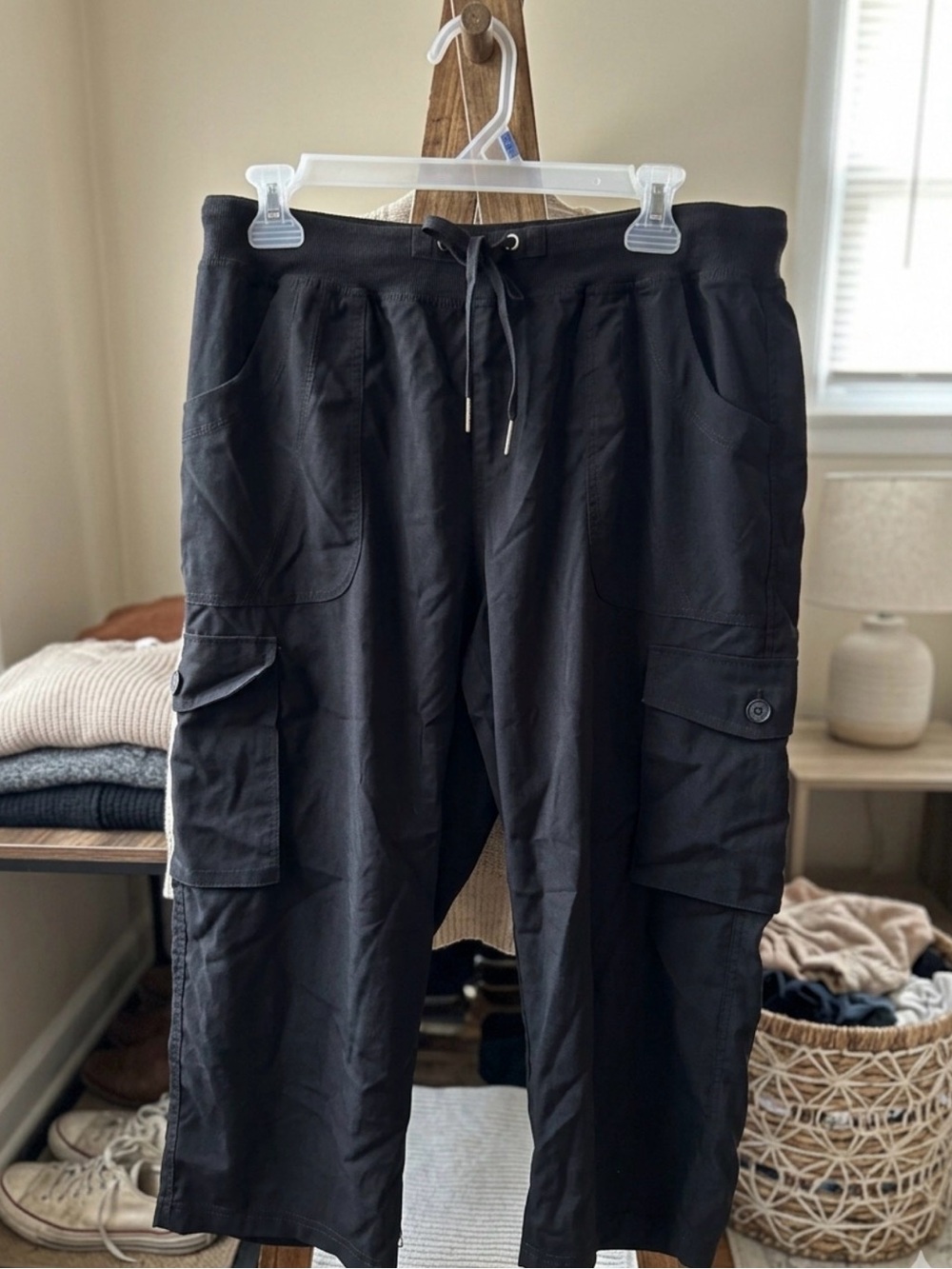 Black Cargo Jogger Pants - Drawstring Waist, Pockets, Lightweight Material